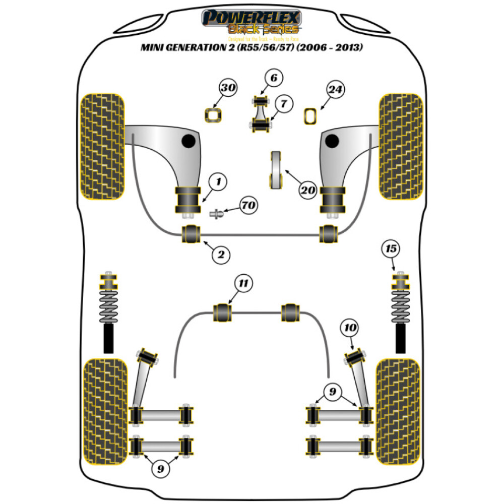 Powerflex Mini R56/57 Gen 2 (2006 - 2013)    Boccola posteriore del braccio oscillante anteriore, caster regolato Fig.1 (2) PFF5-201GBLK - immagine 2
