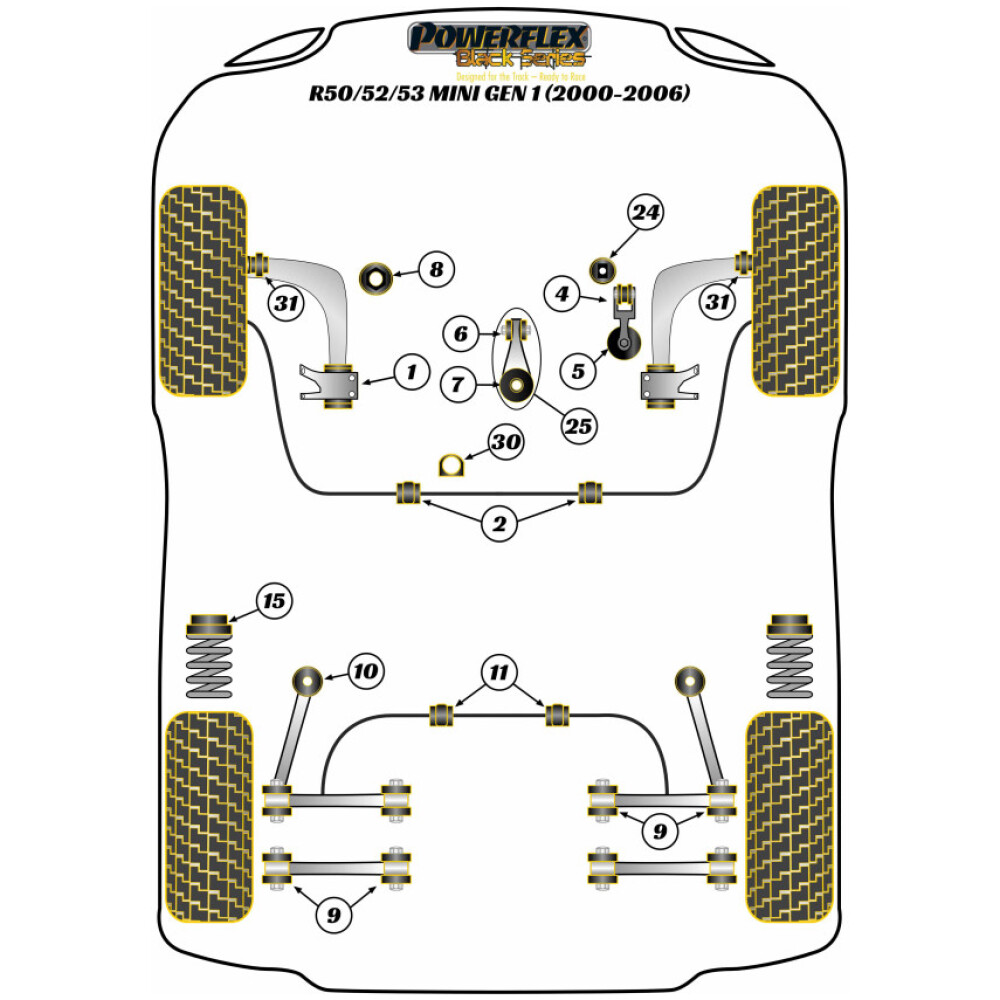 Powerflex Mini R50/52/53 Gen 1 (2000 - 2006)    Boccola di supporto motore superiore Fig.24 (1) PFF5-124BLK - immagine 2